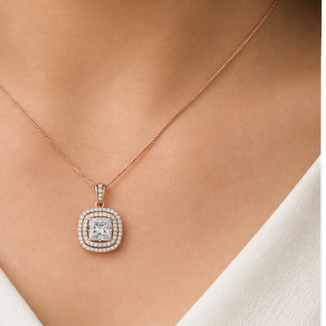 Princess & Round Lab Grown Diamond Pendant | 14K Rose Gold