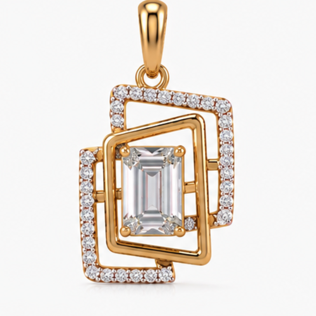 Emerald & Round Lab Grown Diamond Pendant | 14K Gold