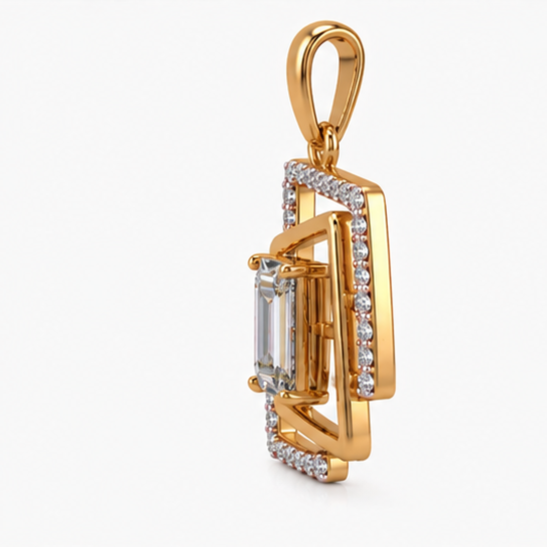 Emerald & Round Lab Grown Diamond Pendant | 14K Gold