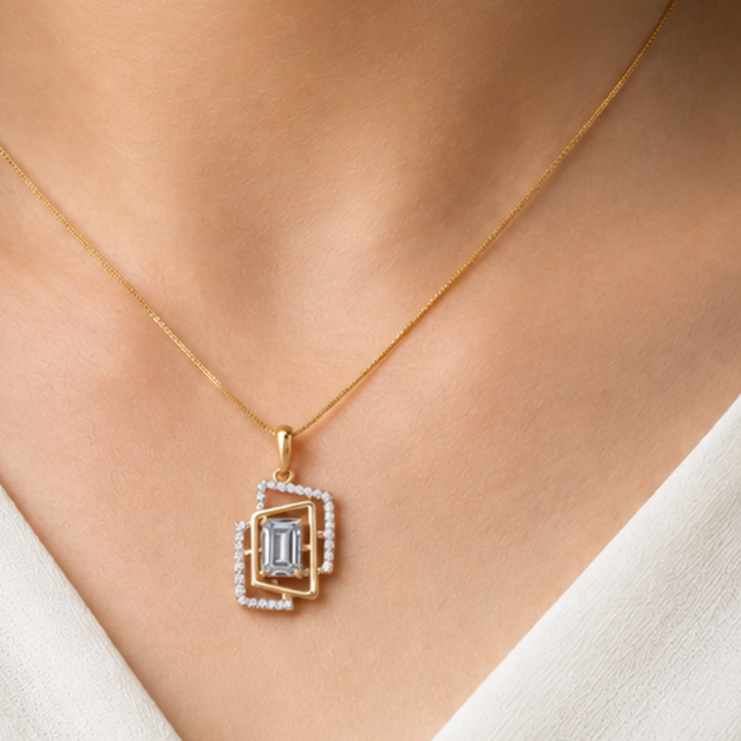 Emerald & Round Lab Grown Diamond Pendant | 14K Gold