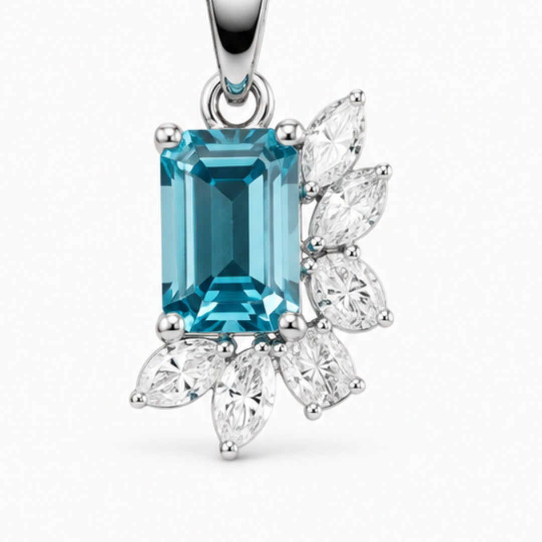 Blue Emerald, Marquise & Princess Lab Grown Diamond Pendant | 14K Gold