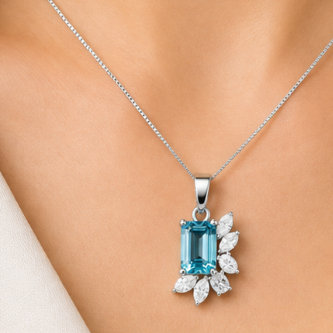 Blue Emerald, Marquise & Princess Lab Grown Diamond Pendant | 14K Gold